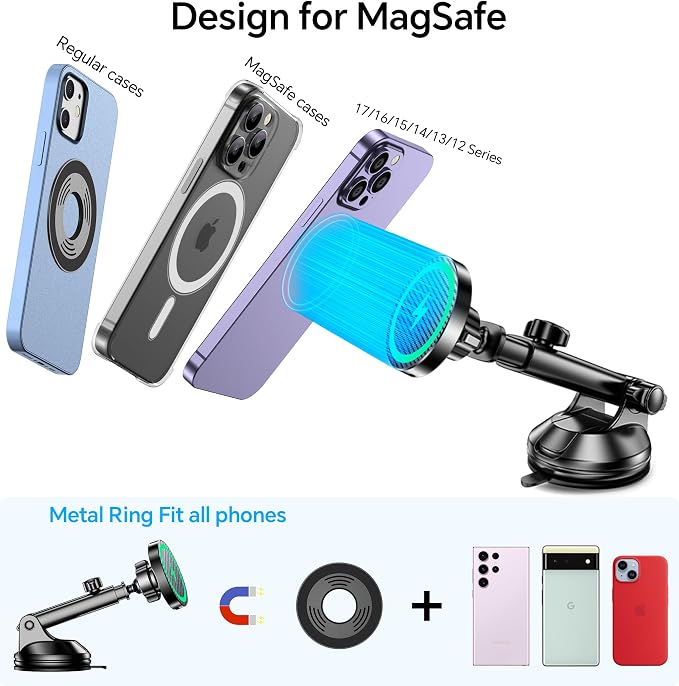 for MagSafe Car Mount Charger【Ultra Magnet】 Magnetic Phone Holders for Your Car Charger【Windshield+Vent+Dash】 Magnetic Wireless Car Phone Holder Charger Car Mount for iPhone 17 (Carbon Fiber)