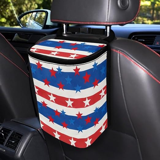 American Flag Star Print Car Trash Can with Lid, 4th of July Leak Proof Auto Trash Bag Hanging Vehicle Garbage Can Multipurpose Storage Container for Back Seat Road Trip