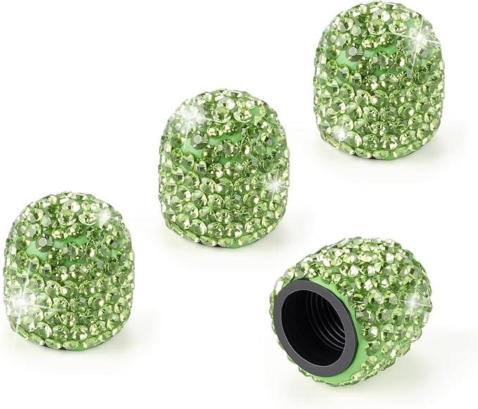 4 Pack Handmade Crystal Rhinestone Car Tire Valve Stem Caps, Universal for Cars, Trucks and Motorcycles - Green