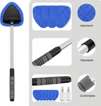 2-Pack Windshield Cleaner Tool, Extendable Handle Auto Detailing Kit with 8 Washable Microfiber Pads & Spray Bottle, Professional Home & Car Window Glass Duster, 180° Swivel Head