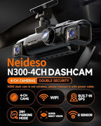 Neideso 360° Dash Cam Front and Rear Inside, 4 Channel FHD 4 * 1080P, Wi-Fi GPS Voice Control Car Camera, Front 2K+1080P*2 Dash Camera for Cars, with 64GB SD Card, Night Vision, 24H Parking Mode(N300)