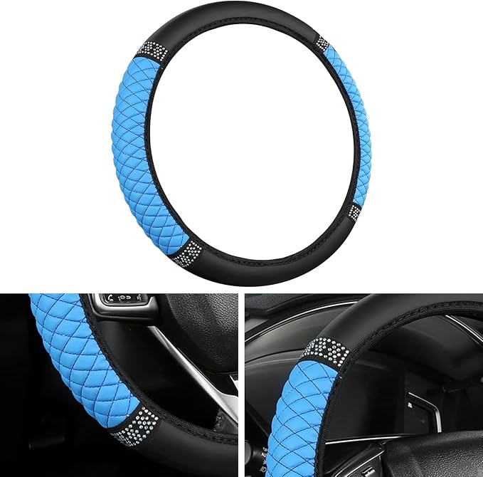 Bling Car Steering Wheel Cover, 15 Inch Rhinestones Soft Leather Elastic Steering Wheel Protector, Sparkly Crystal Diamond for Women, Car Interior Accessories for Most Cars (Blue)