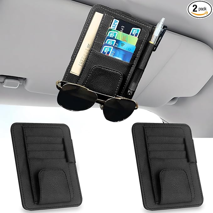 2 Pcs Car Sun Visor Organizer, Black | Premium Leather, Sunglasses Holder, Multi Functional Storage Bag, Card Document Holder