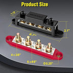 Power Distribution Block Bus Bar, 4 x 3/8" Posts, 6 x #8 Screws Terminals, Max 48V 250A (Pair, Red & Black)