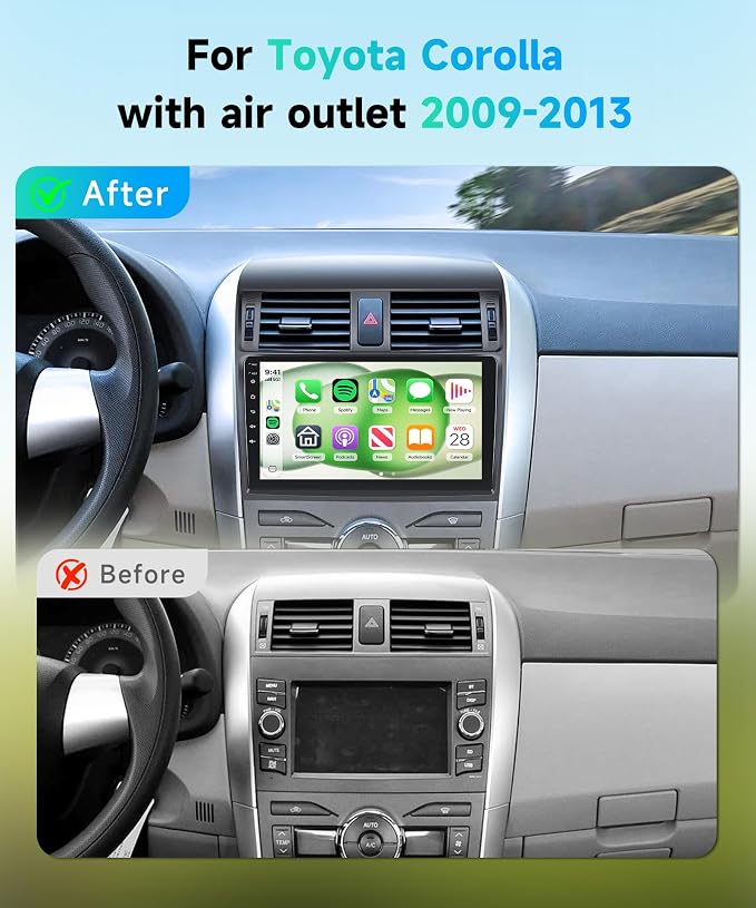 8 Core 6G+128G Android 15 Car Stereo for Toyota Corolla 2009-2013, AI Noise Reduction, Wireless Carplay Android Auto 9 Inch IPS GPS 5G-WiFi DSP FM RDS, Bluetooth 5.0 SWC HD Backup Camera