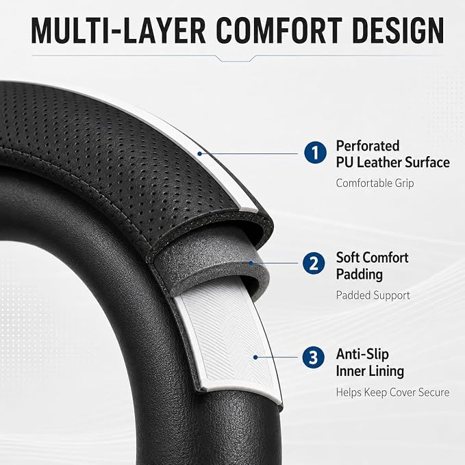 Car Steering Wheel Cover Full Surround - Soft Breathable Anti-Slip Heavyweight Safety Cover, Thick Cushioned Sports Style Universal Fit for Auto Truck SUV (Black/White)