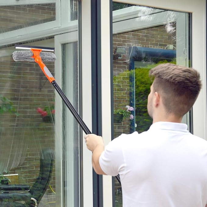 Window Cleaner Tool for Home, 59.5'' Squeegee Kit for Car Windshield, Shower Door, Mirror Cleaning, 2 in 1 Outdoor Glass Washer with Extension Pole