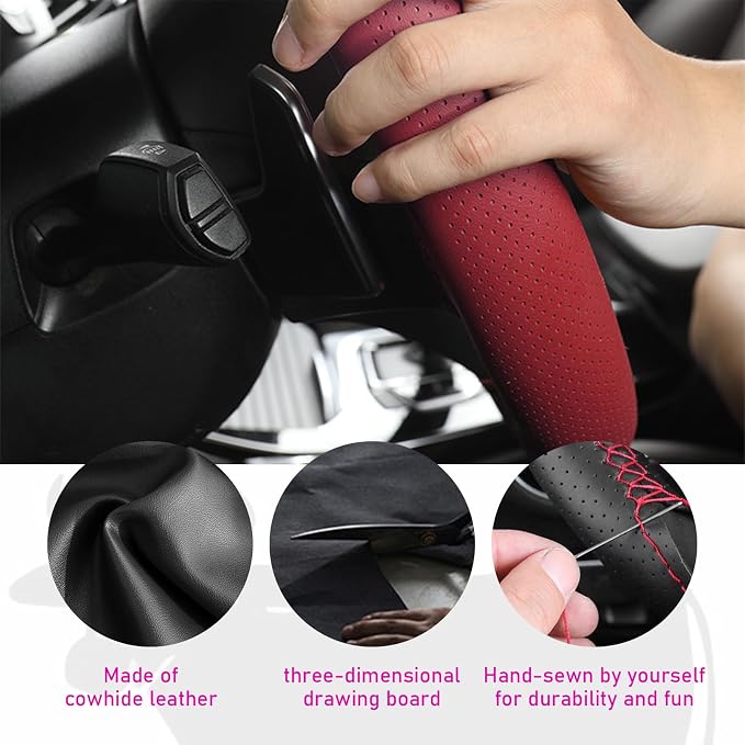 Genuine Leather Steering Wheel Cover, Stitch on Wrap, Breathable Anti-Slip Car Steering Wheel Protector for Max Diameter 15 Inch, DIY Sewing with Needles Thread (Wine Red, Hole)