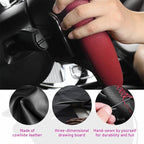 Genuine Leather Steering Wheel Cover, Stitch on Wrap, Breathable Anti-Slip Car Steering Wheel Protector for Max Diameter 15 Inch, DIY Sewing with Needles Thread (Wine Red, Hole)