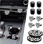 Cow Print Car Accessories Set for Women and Teen Girls – Cute Tire Valve Stem Caps, Heart Air Vent Clips, Bling Car Coasters, Cute Interior Automotive Decor Gift for Female Drivers, Cow Car Decor