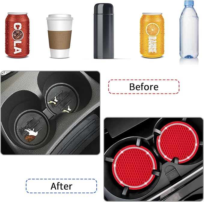 Car Coasters, 4 Pack Vehicle Bling Car Coaster, Universal Rhinestone Coaster for Cup Holders, Car Interior Accessories Silicone Car Coasters for Women(2.75'' Red, White Crystal Circle)