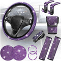 11PCS/Set Bling Car Accessories Set for Women, Rhinestone Vehicle Steering Wheel Cover Seat Belt Cushion Gear Shift Protector Cup Holder Coaster, Universal Automotive Accessories (Purple)