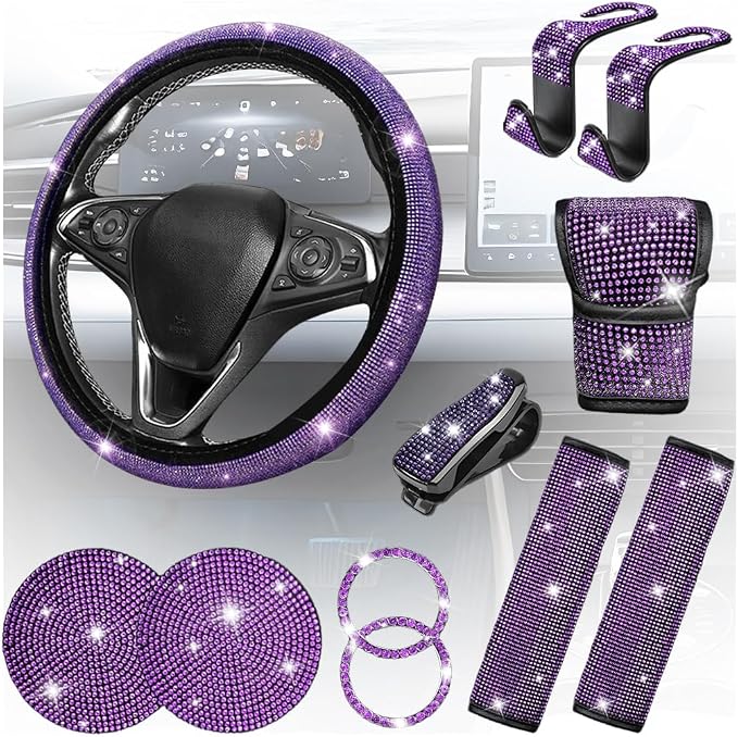 11PCS/Set Bling Car Accessories Set for Women, Rhinestone Vehicle Steering Wheel Cover Seat Belt Cushion Gear Shift Protector Cup Holder Coaster, Universal Automotive Accessories (Purple)