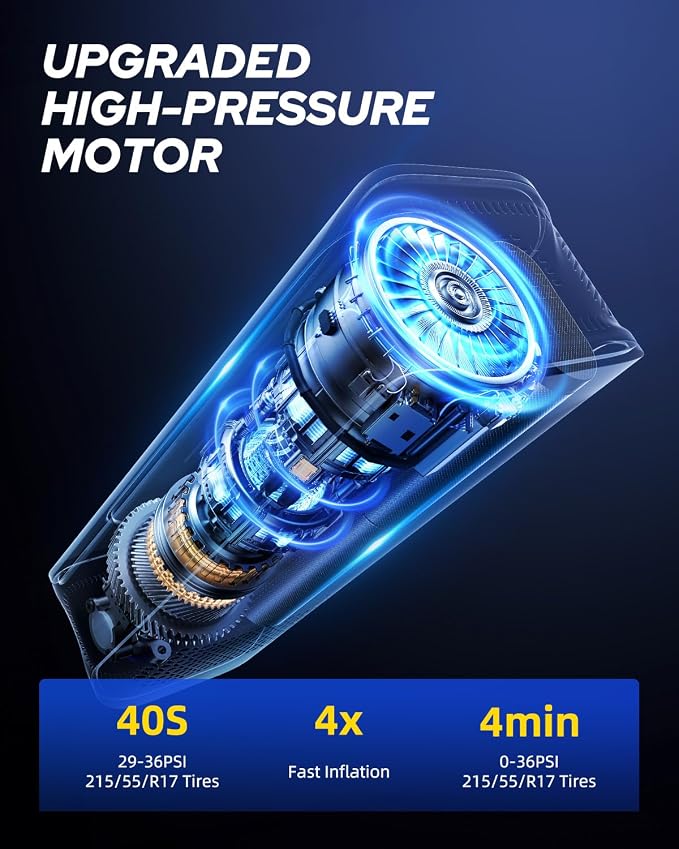 Tire Inflator Portable Air Compressor - 4X Faster 150PSI Cordless Air Pump with Digital Tire Pressure Gauge, 12V Car Power Adapter - for Car Motorcycle Bike Ball and More