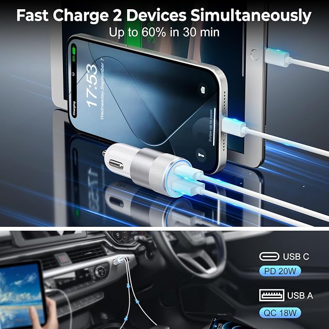 Car Charger USB C 6-Pack, 38W Dual Port Cigarette Lighter with PD3.0 + QC3.0 Type C Car Charger Adapter iPhone 16/15 Pro Max/Samsung Galaxy S24/S23/S22Plus/Ultra/,iPad Pro(White)