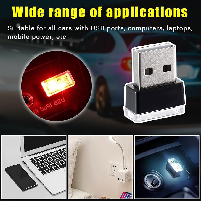 4 PCS USB LED Car Interior Atmosphere Lamp, Plug-in USB Decor Night Light, Portable Auto Ambient Lighting Kit, Universal Vehicle Interior Accessories for Most Cars (White+Red+Blue+Ice Blue)