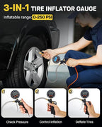 Digital Tire Pressure Gauge with Inflator, 250 PSI Heavy Duty Air Chuck with Tire Tread Depth Gauge, Stainless Steel Braided Hose with Quick Connect Coupler, Car Accessories