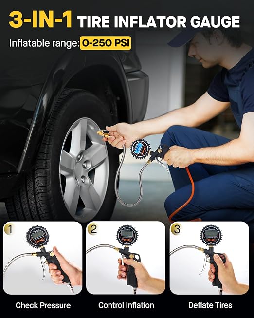 Digital Tire Pressure Gauge with Inflator, 250 PSI Heavy Duty Air Chuck with Tire Tread Depth Gauge, Stainless Steel Braided Hose with Quick Connect Coupler, Car Accessories