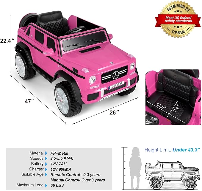 JOYLDIAS Ride On Cars, Licensed Mercedes-Benz Maybach G650S, 12V7AH Battery Powered Toy Electric Car for Kids W/LED Underglow Lights,Remote Control, 2 Motors, 3 Speeds, Music, Bluetooth,Horn,Pink
