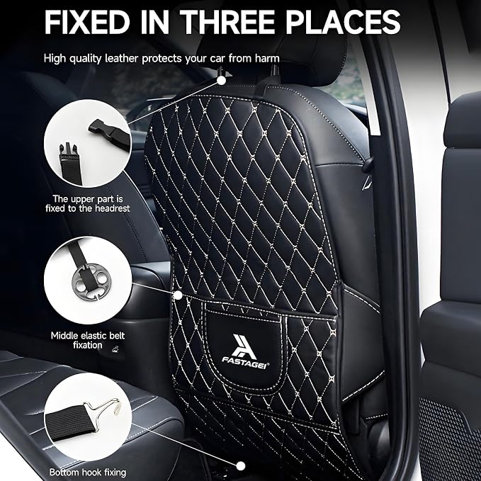2 Pack Universal Car Kick Mats Back Seat Protector with Storage Pockets, Premium Leather Car Seat Back Cover Protector Waterproof Scratch-Resistant Easy Clean
