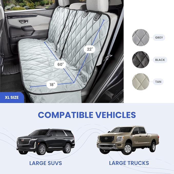 Dog Seat Cover for Back Seat, Heavy Duty Waterproof Rear Seat Protector for Large Trucks, SUVs, Cars - Fits 60/40 Split Bench with Middle Seat Belt, Non-Slip Backseat Cover (Extra Large, Tan)