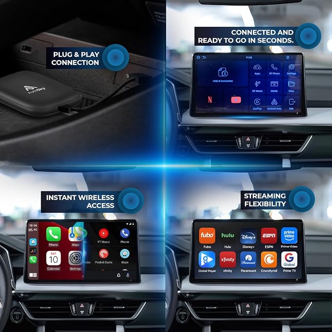 AI Box Lite Flex – Wireless CarPlay & Android Auto Adapter with Selectable Streaming Apps (Netflix, Hulu, Disney+, Prime Video & More) – Plug & Play, Touchscreen Required