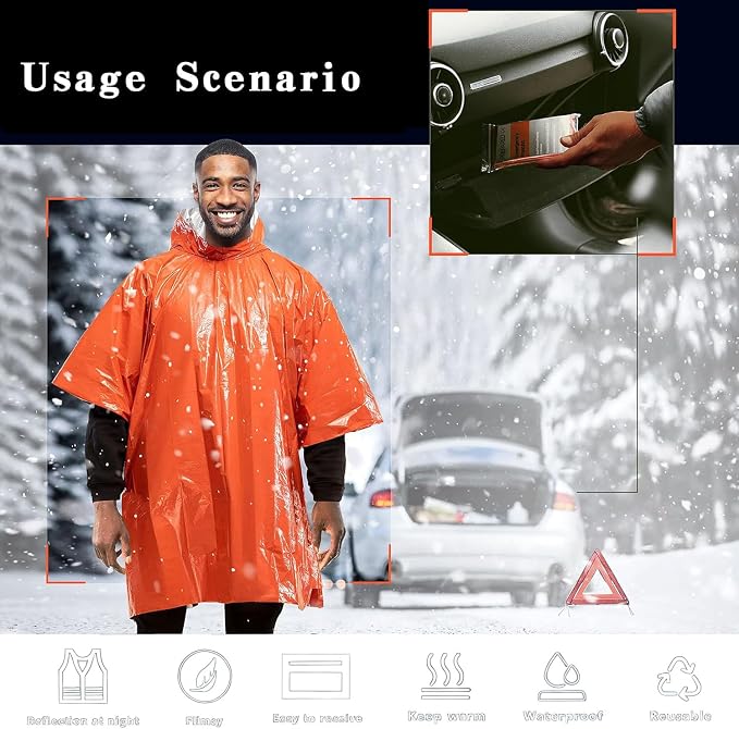 5Pack Emergency Poncho Portable Thermal Mylar Survival Rain Poncho with Hood for Adults Emergency Supplies and Survival Kits for Outdoor Camping,Hiking,First Aid,Orange