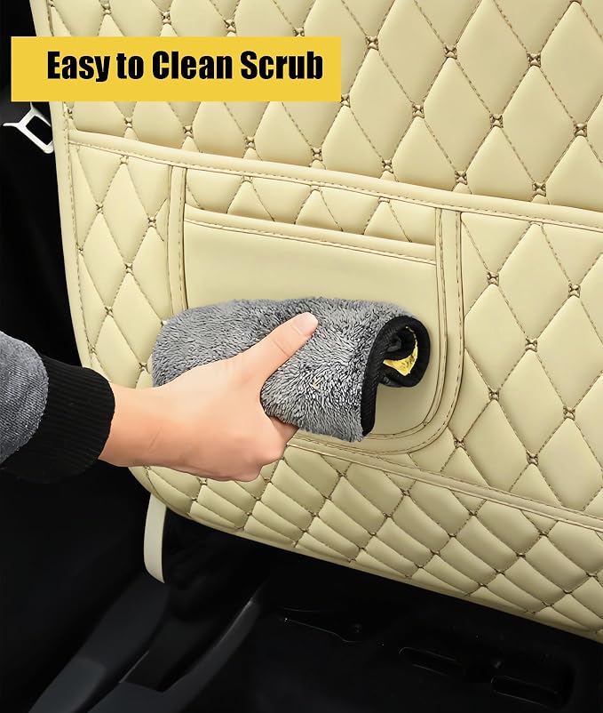 Leatherette Car Seat Protector - 2 Pack Large Car Kick Mats with Storage Organizer Seat Back Cover Against Dirty Shoes & Scratches, Universal Fit for Most Vehicles (Beige)