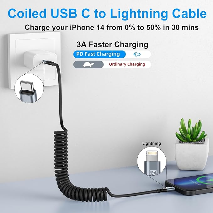 USB C to Lightning Cable 3FT 2Pack, Coiled iPhone Charger Fast Charging for Car [Apple MFi Certified] Short USBC iPhone Cord Compatible with iPhone14/13/12/11 Pro Max/XS MAX/8/Plus/iPad/CarPlay