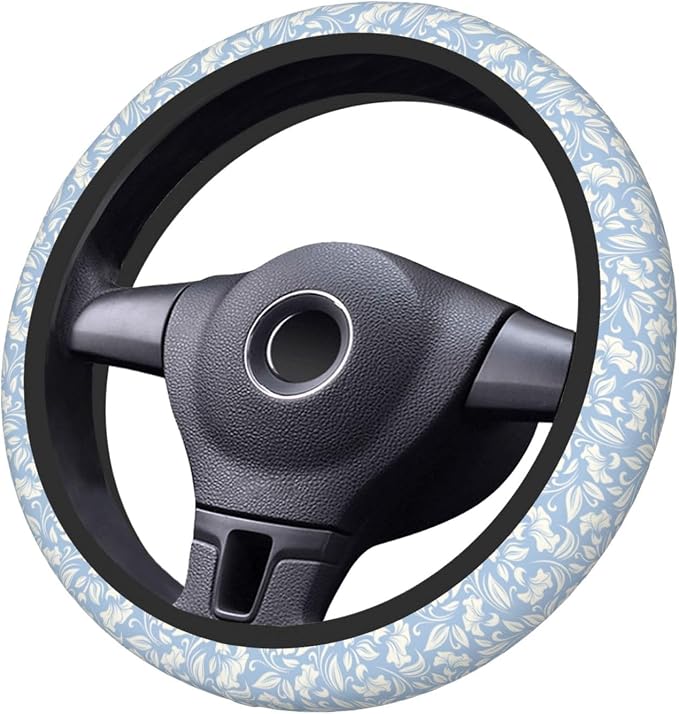 Flowers Steering Wheel Cover Car Elastic Steering Wheel Protector | Blue White Anti-Slip Breathable Car Accessories Interior for Women Men Universal 15 Inch Fit Auto SUVs Vans Truck