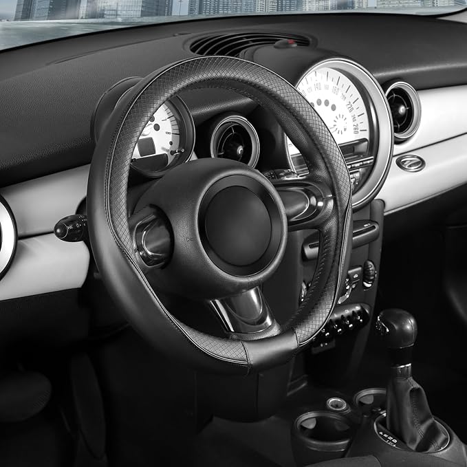 Steering Wheel Cover 14-14.25 inch (35.5-36 cm) Small Size, Microfiber Leather, Non-Slip Comfortable Grip, Fits Cars Prius Civic Model 3 Model Y Camaro, Black