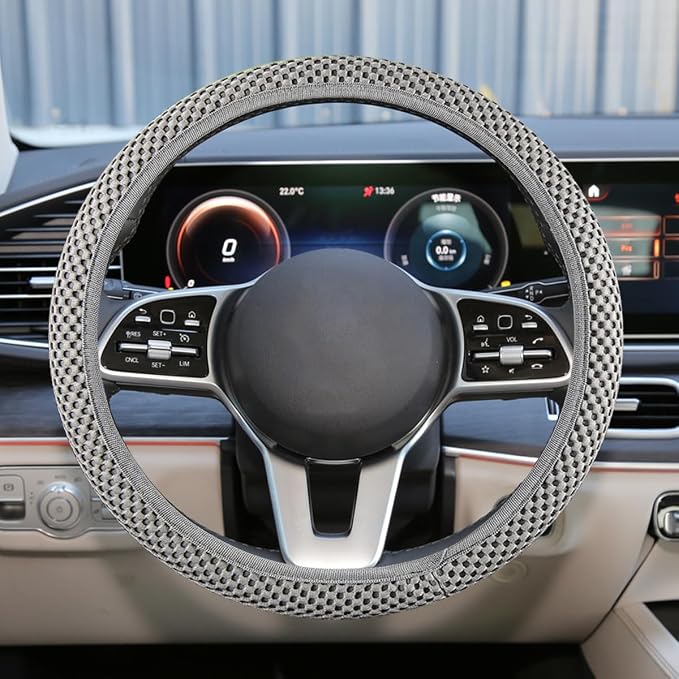 Elastic Stretch Steering Wheel Cover, Anti-Slip, 15inch, Grey | Microfiber Odorless Breathable Ice Silk Car Steering Wheel Protector, Easy Carry, Warm in Winter & Cool in Summer