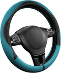 Steering Wheel Cover, Black Patterned & Blue Leather Patchwork Design, Universal Fit 14.5"–15.5", Anti-Slip, Odor-Free, Soft PU Grain Leather, Durable Grip Car Accessory for Girls & Women