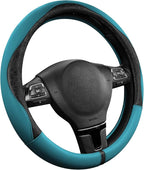 Steering Wheel Cover, Black Patterned & Blue Leather Patchwork Design, Universal Fit 14.5"–15.5", Anti-Slip, Odor-Free, Soft PU Grain Leather, Durable Grip Car Accessory for Girls & Women