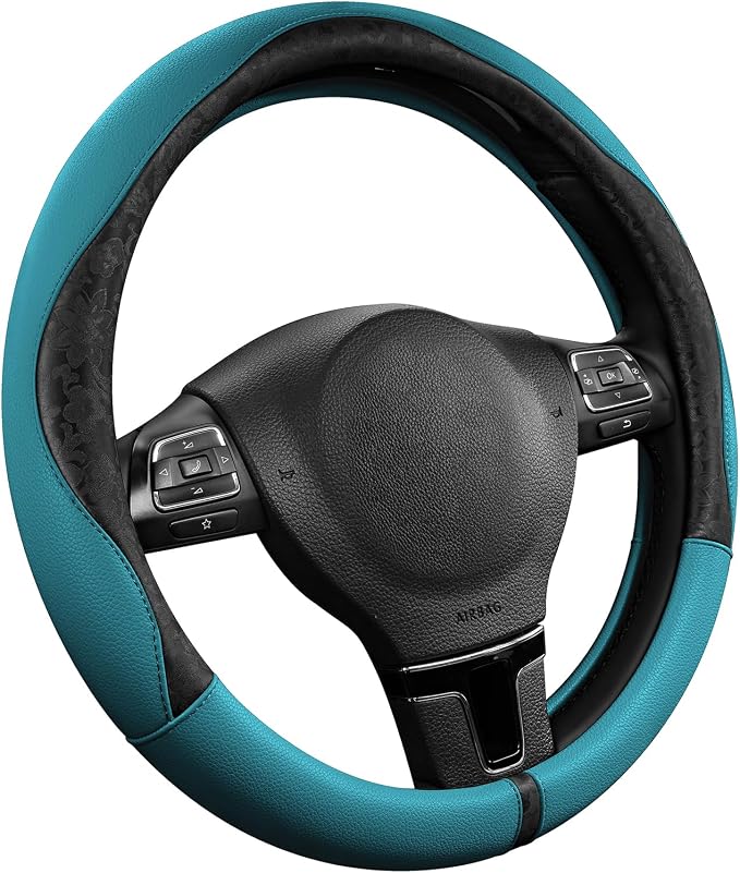 Steering Wheel Cover, Black Patterned & Blue Leather Patchwork Design, Universal Fit 14.5"–15.5", Anti-Slip, Odor-Free, Soft PU Grain Leather, Durable Grip Car Accessory for Girls & Women