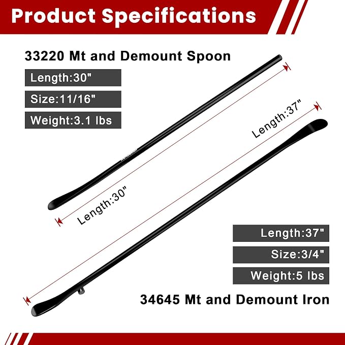 2PCS Tire Bar, 34645 Tire Mount and Demount Iron 37In, 3/4 in | 33220 Mt and Demount Spoon 30 in, 11/16 in, Tire Irons Heavy Duty Used for Off-Road Vehicle, Bus, Cars, Tractor Tubeless Truck Tires…