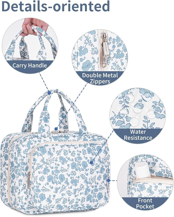 Hanging Floral Toiletry Bag for Women Travel Makeup Bag Organizer Toiletries Bag for Travel Size Essentials Accessories Cosmetics (Blue Flower (Medium))