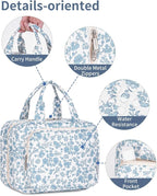 Hanging Floral Toiletry Bag for Women Travel Makeup Bag Organizer Toiletries Bag for Travel Size Essentials Accessories Cosmetics (Blue Flower (Medium))