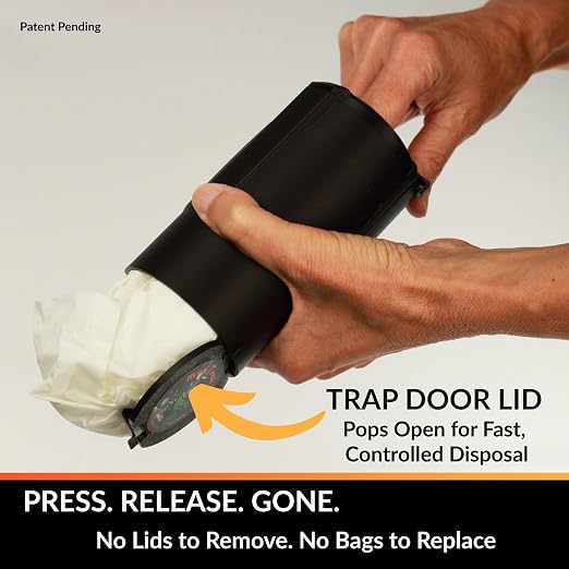 Car Trash Can Cup Holder | Mini Car Trash Can | Fits in Most Doors | 5.1" x 2.9" | Traps More & Empties Less, Patent-Pending Compaction, Holds Weeks of Small Garbage, Black/Orange