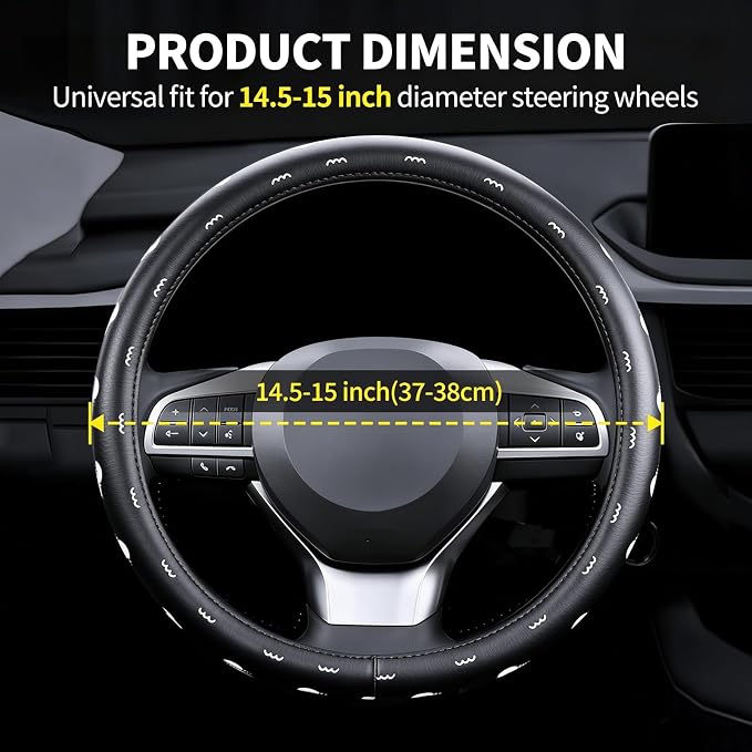 Skull Pattern PU Leather Steering Wheel Cover, Non-Slip Neoprene Lining, Universal Fit 14.5-15 Inch for Car, Truck, SUV