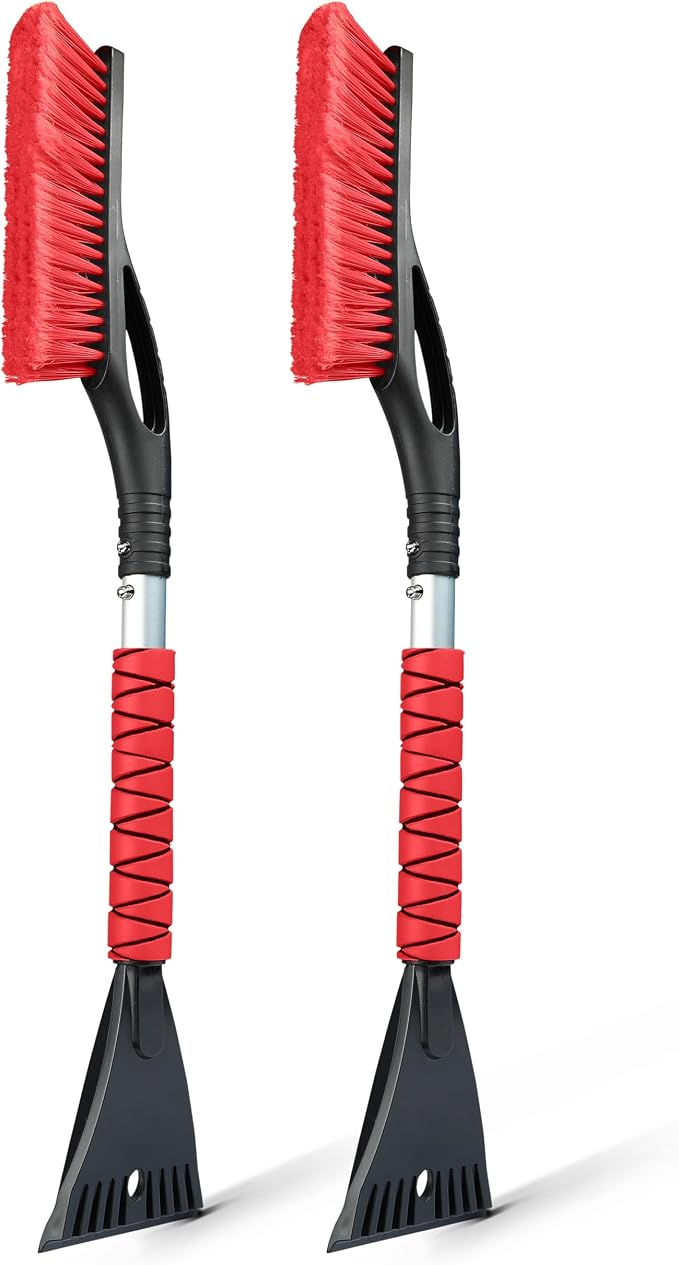 27" Car Snow Brush and Ice Scrapers for Car Windshield (Red- 2 Pack) | Scratch Free Bristle Head Snow Brush & Tough Window Snow Scraper with Aluminium Body