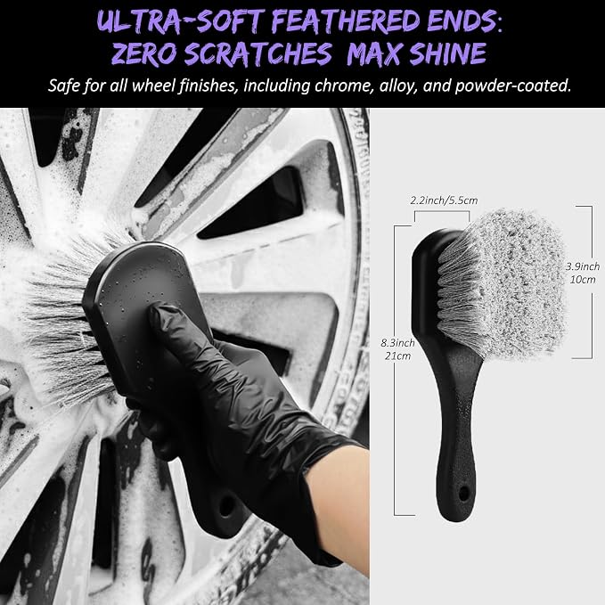 6Pcs Car Wheel & Tire Brush Kit, Professional Wheel Detailing Kit with Scratch-Free Rim Brush, Tire Brushes, Detailing Brush, Microfiber Towel & Tire Shine Applicator Pad, Vibrant Purple