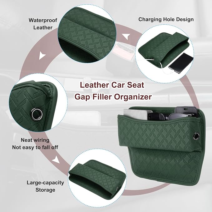 2pcs Car Seat Gap Filler Organizer 11.5 x 8 x 2.1 Inch Leather Universal Car Organizer Storage Box Between Seat and Console for Phone Keys, Dark Green