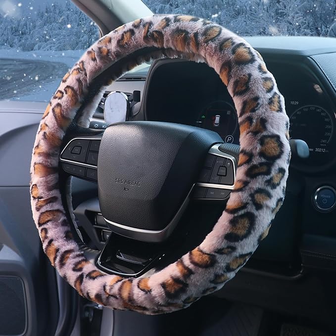 Pink Fuzzy Cheetah Car Steering Wheel Cover for Women Girls,Leopard Warm Fluffy Vehicle Wheel Protector Car Accessories for Men Women,15 Inch,Fit for Cars, Auto, SUVs
