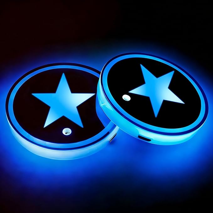 2Pcs Pentagram LED Car Cup Holder Coasters 7 Colors 3 Modes Lights Up Cups | with USB of Car Accessories for SUV Trucks Sedans, Waterproof Interior Atmosphere Lamp, Pentagram Gifts for Women Men