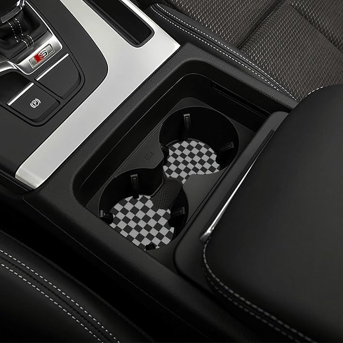 Black Gray Checkerboard Steering Wheel Cover 15 Inch Gray Checkerboard Steering Wheel Cover Anti-Slip Breathable Universal 2 Pcs Car Interior Cup Holder Pad for Men Women