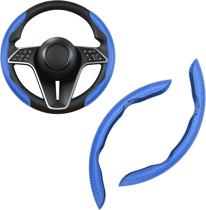 2Pc Carbon Fiber Steering Wheel Cover Universal Fit 99% Cars | Non-slip soft grip, easy to wipe clean, quick to install, perfect for daily commutes and road trips, Blue