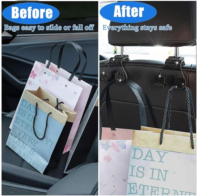 Bling Car Purse Hooks 2Pcs, Durable Car Headrest Hook, Holds 44Lbs, Double-Hooks, Wide-Opening, Rhinestone Automobile Purse Hangers Holder, Bling Car Accessories for Women, Black