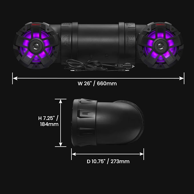 ATV8BRGB ATV UTV Sound System - 8 Inch Speakers, 1.5 Inch Tweeters, Full Range, IPX5 Weatherproof, Bluetooth, Built-in Amplifier, Multi-Color Illumination, Golf Cart Compatible