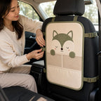 Juju Car Seat Back Protector – Padded Kick Mat with Sleepy Fox Face – Two Mesh Storage Pockets – Wipe-Clean Panel with Adjustable Straps for Backseat